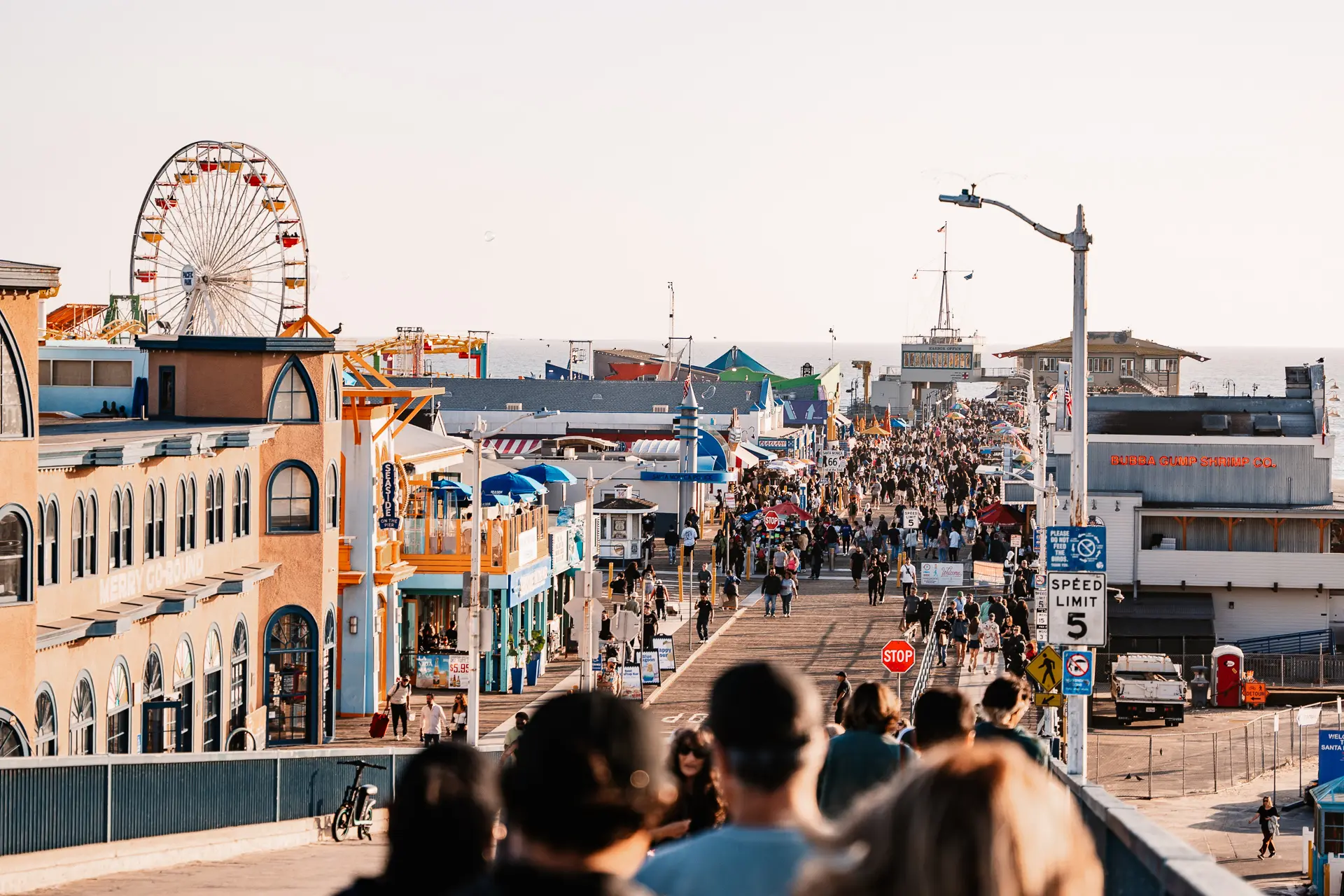 A crowd of people walking down the Pier on a beach